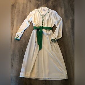 Vintage Style Adolph Schuman Cream Dress with Suede Green Sash